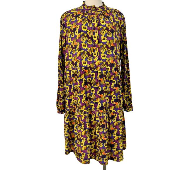 0039 Italy Button-Down Shift Shirt Dress Floral Purple Yellow XS Oversized - Picture 1 of 10